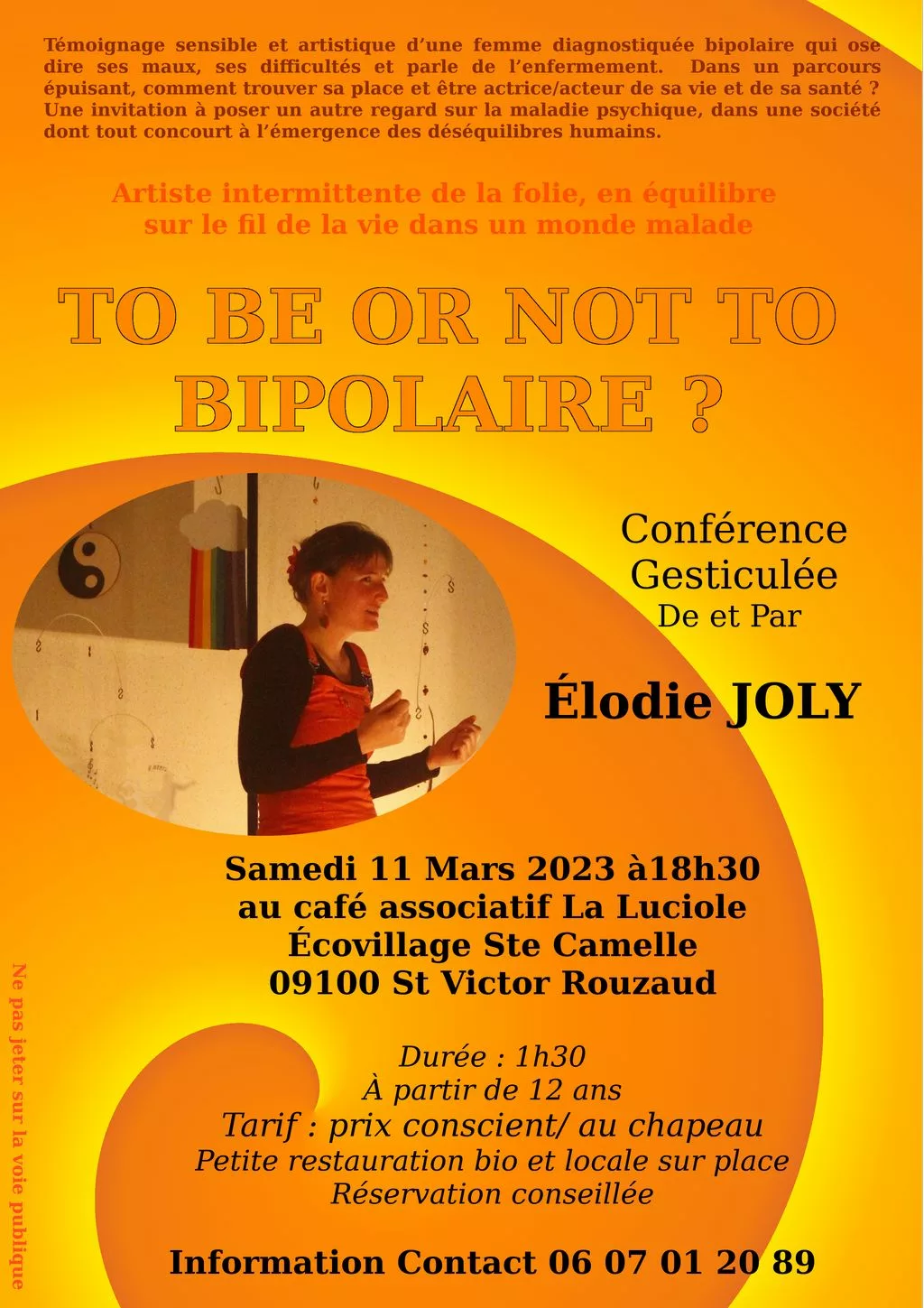 Conférence gesticulée : To be or not to Bipolaire<br>samedi 11 mars 2023 à 18h30 1 AFFICHE CG STE CAMELLE 11 03 23